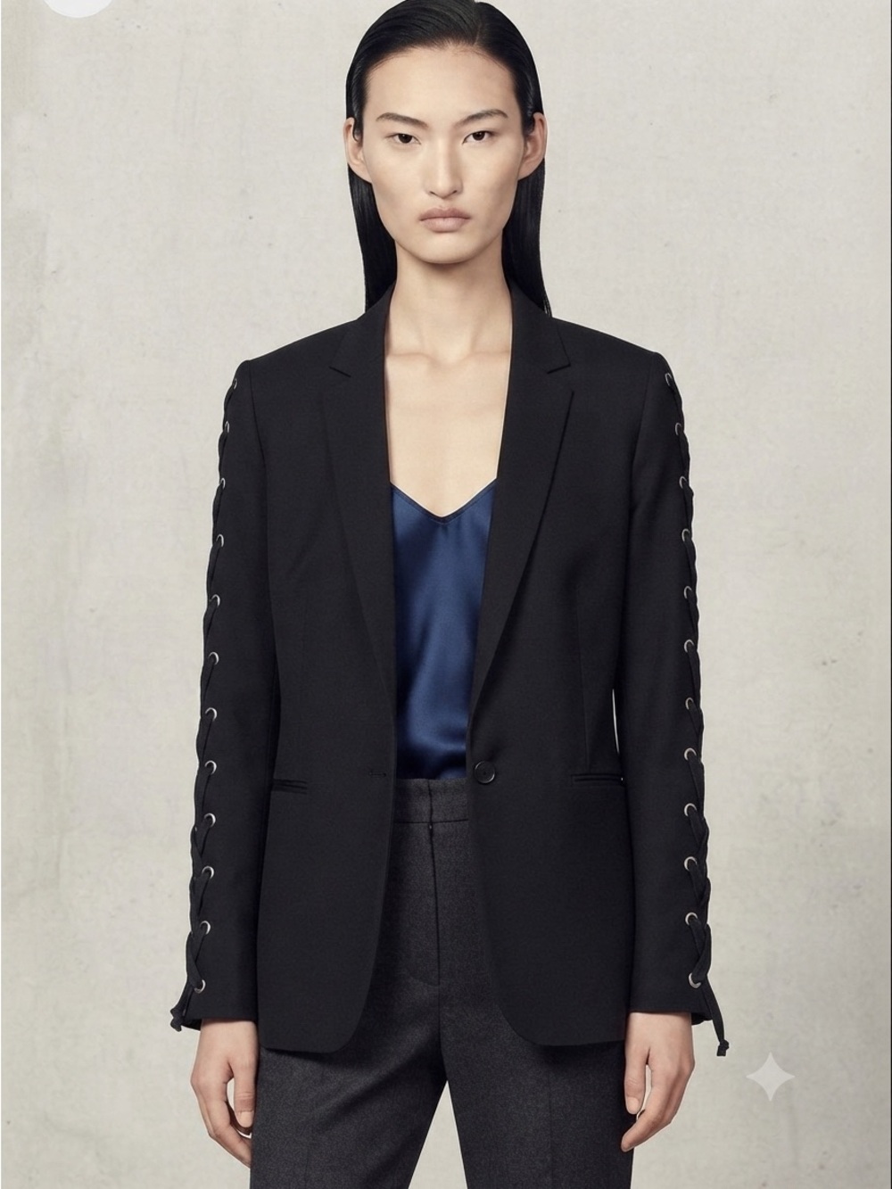 Sandro Blazer Womens 40 Black Lace-Up Sleeve V7117E-20 Edgy Tailored Jacket